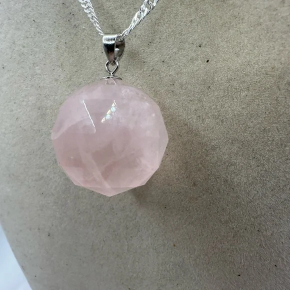 SOLD Rose Quartz 3D Round Pendant on Sterling Silver Chain - Picture 4 of 13